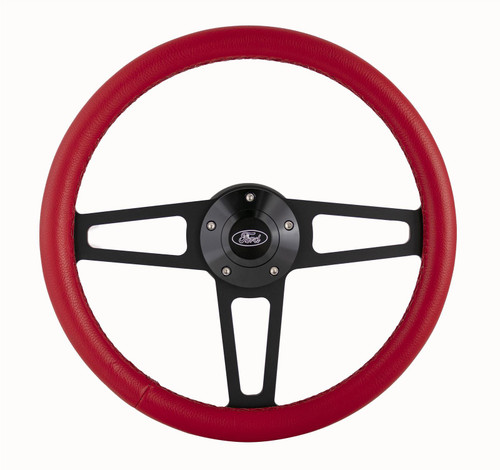 Grant 1918R Steering Wheel, T Series, 13.75 in. Diameter, Flat, 3-Spoke, Red Leather Grip, Ford Oval Logo, Aluminum, Black Anodized, Ford 1964-77, Each