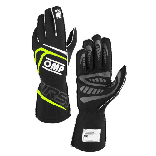 OMP Racing, Inc. IB0-0776-B01-178-M Driving Gloves, First, FIA Approved, Single Layer, Fire Retardant Fabric, Black/Fluorescent Yellow, Medium, Pair