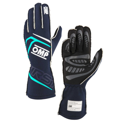 OMP Racing, Inc. IB0-0776-B01-248-S Driving Gloves, First, FIA Approved, Single Layer, Fire Retardant Fabric, Navy Blue/Tiffany Blue, Small, Pair