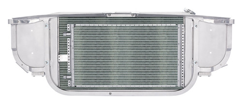 Cold Case Radiators CHC11RSK Radiator and Fan, 27.5 in. W x 18.5 in. H x 3 in. D, Driver Side Inlet, Passenger Side Outlet, A/C Condenser / Radiator Support Included, Aluminum, Polished, Chevy V8, GM F-Body 1967-69, Kit
