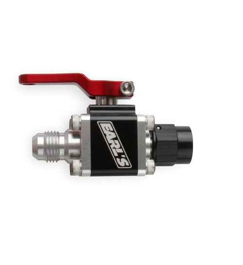 Earls 230706ERL Shut Off Valve, Manual, 6 AN Female to 6 AN Male, 2.76 in. Long, Aluminum, Black/Natural Anodized, Each