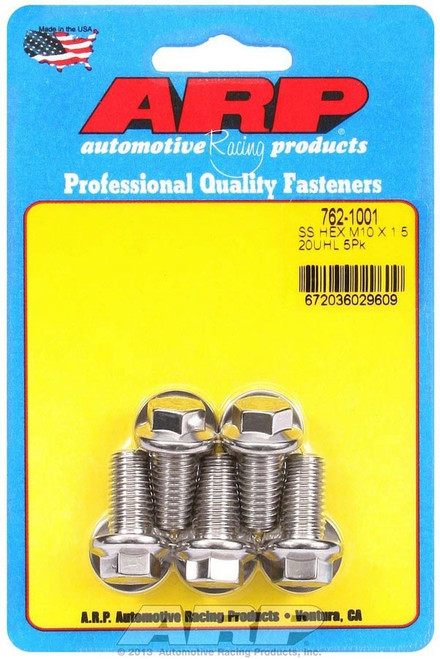 ARP 762-1001 Bolt, 10 mm x 1.50 Thread, 20 mm Long, 12 mm Hex Head, Stainless, Polished, Universal, Set of 5