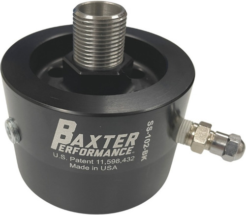 Baxter Performance SS-102-BK Oil Filter Adapter, Sandwich Adapter, Screw-On, 20 mm x 1.5 Center Thread, Schrader Valve, Aluminum, Black Anodized, Subaru FA/FB-Series, Each
