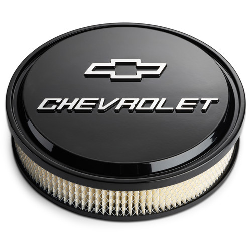 Proform 141-838 Air Cleaner Assembly, Slant Edge, 14 in. Round, 3 in. Element, 5-1/8 in. Carb Flange, Dropped Base, Chevy Bowtie Logo, Aluminum, Black Powder Coat, Kit