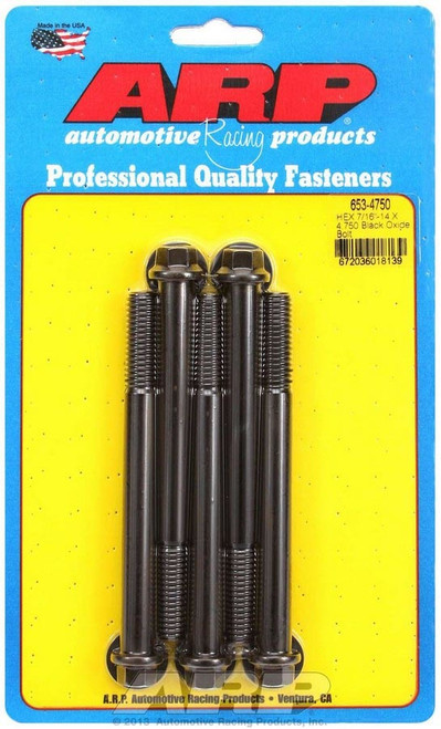 ARP 653-4750 Bolt, 7/16-14 in. Thread, 4.750 in. Long, 7/16 in. Hex Head, Chromoly, Black Oxide, Universal, Set of 5