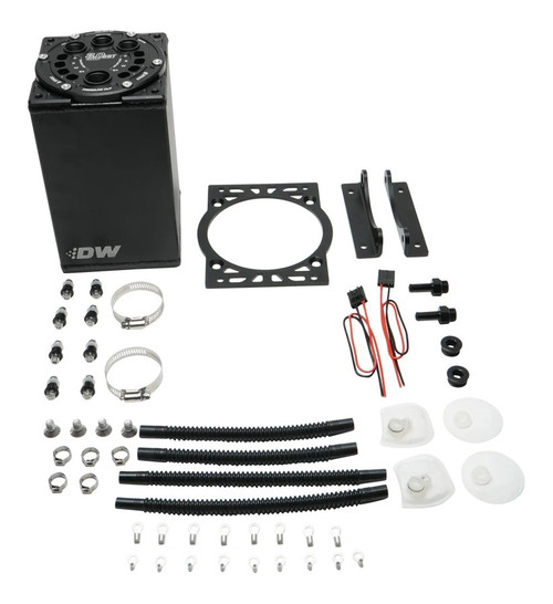 Deatschwerks 6-000-30ST Surge Tank, 3 L, 8 AN Female O-Ring Inlet / Return, 10 AN Female O-Ring Outlet, Fittings / Hardware / Hose Included, Aluminum, Black Anodized, Kit