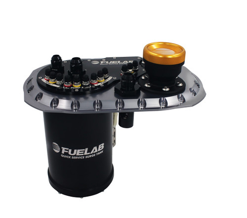 Fuelab Fuel Systems 62810-0 Surge Tank, QSST 2.0, 2.1 L, 10 AN Male O-Ring Outlet, 8 AN Male O-Ring Return, 12 AN Male O-Ring Vent, Aluminum, Titanium / Black Anodized, Kit