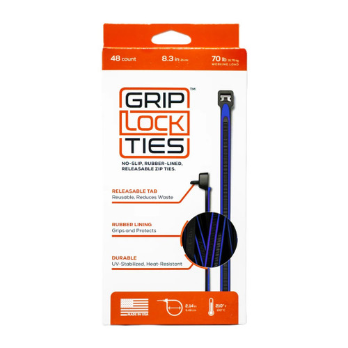 Grip Lock Ties G8-BKBU-X48 Cable Ties, Zip Ties, 8 in. Long, Blue Rubber Lined, Nylon, Black, Reusable, Set of 48