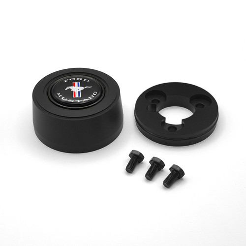 Grant 5926 Horn Button, Hi-Rise, Black / Blue / Red / White / Silver Mustang Logo, Aluminum, Black Anodized, 3-Bolt Steering Wheels, Each