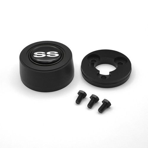 Grant 5927 Horn Button, Hi-Rise, Black / Silver Chevrolet SS Super Sport Logo, Aluminum, Black Anodized, 3-Bolt Steering Wheels, Each