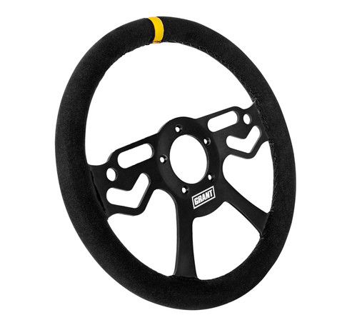 Grant 610 Steering Wheel, Pro Stock, 13 in. Diameter, 1.1 in. Dish, 4-Spoke, Black Suede Grip, Yellow Stripe, Aluminum, Black Anodized, Each