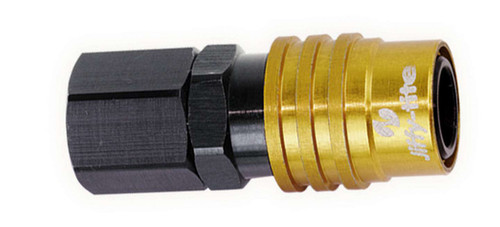 Jiffy-Tite 31308 Quick Release Adapter, 3000 Series, Straight, 8 AN Female to Quick Release Socket, Valved, FKM Seal, Aluminum, Black / Gold Anodized, Each