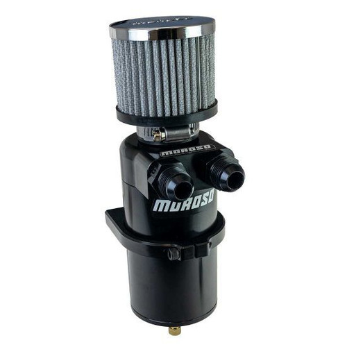 Moroso 85415 Breather Tank, Bolt-On, 3 in. Diameter x 8.8 in. Tall, 22.72 oz, Dual 10 AN Female Inlet, 10 AN Male Adapters Included, Petcock Drain, Breather Included, Aluminum, Black Anodized, Each