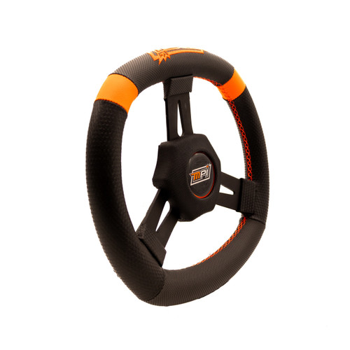 MPI USA MPI-KQS2-11 Steering Wheel, Quarter Midget, 10.75 in. Diameter, 1.25 in. Dish, 3-Spoke, Black Synthetic Grip, Orange Stripes, Aluminum, Black Anodized, Each