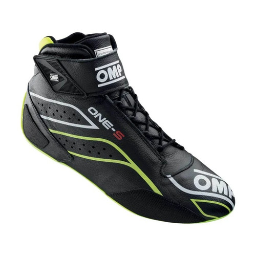 OMP Racing, Inc. IC0-0822-A03-178-45 Driving Shoe, One-S, Mid-Top, SFI 3.3/5, FIA Approved, Leather Outer, Fire Retardant Inner, Black / Fluorescent Yellow, Euro 45, Pair