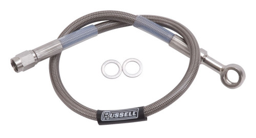 Russell 657072 Brake Hose, Endura, 27 in. Long, 3 AN Hose, 3 AN Straight Female to 10 mm Banjo, DOT Approved, Braided Stainless, PTFE Lined, Each