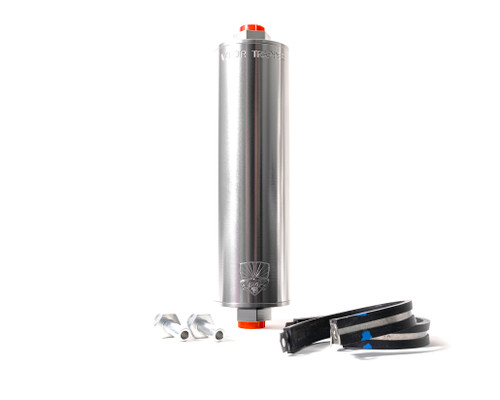 Vapor Trapper VT8SIL-3/8-B Charcoal Canister, Shop48 Vapor Trapper, 8 in. Long, 6 AN Female O-Ring Inlet, 6 AN Female O-Ring Outlet, Fittings / Mounting Bracket Included, Aluminum, Silver Anodized, Kit