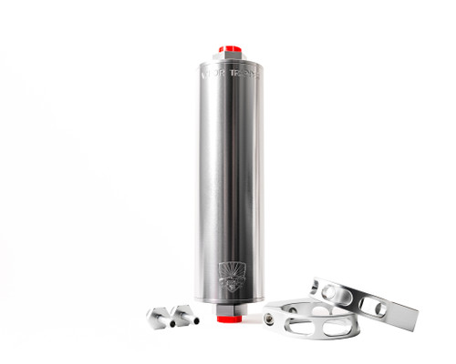 Vapor Trapper VT8SIL-3/8-P Charcoal Canister, Shop48 Vapor Trapper, 8 in. Long, 6 AN Female O-Ring Inlet, 6 AN Female O-Ring Outlet, Fittings / Premium Mounting Bracket Included, Aluminum, Silver Anodized, Kit