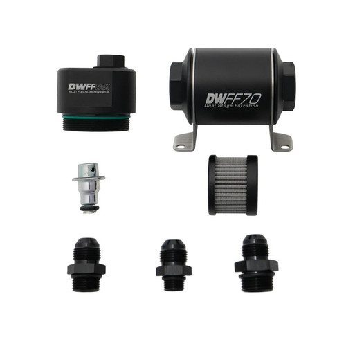 Deatschwerks 8-FFR-070-010K-8 Fuel Pressure Regulator, 58 PSI, In-Line, 8 AN Female O-Ring Inlet, 10 AN Female O-Ring Outlet, 6 AN Female O-Ring Return, 70 mm Integrated Filter, 10 Micron, Bracket / Fittings Included, Aluminum, Black Anodized, Gas / Diesel / Methanol / E85, Kit