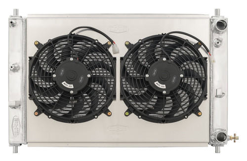Cold Case Radiators LMM573-7K Radiator and Fan, 28 in. W x 19.9 in. H x 6.75 in. D, Dual Fans, Passenger Side Inlet, Driver Side Outlet, Aluminum, Polished, GM LS-Series, Ford Mustang 1997-2004, Kit
