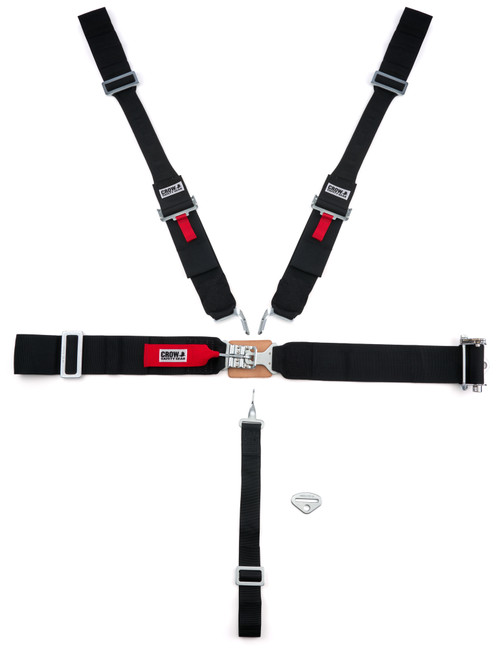 Crow Safety Gear 40064L Harness, 5 Point, Latch and Link, SFI 16.1, Pull Down/Left Side Ratchet Adjust, Wrap Around, Individual Harness, HANS Ready, Silver Hardware, Black, Kit