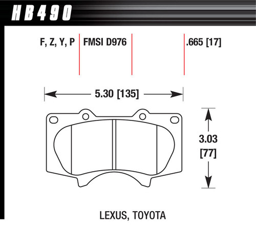 Hawk Brake HB490Y.665 Brake Pads, LTS Compound, Front/Rear, 17 mm Thick, Toyota Midsize Truck 2007-23/SUV 2003-24, Set of 4