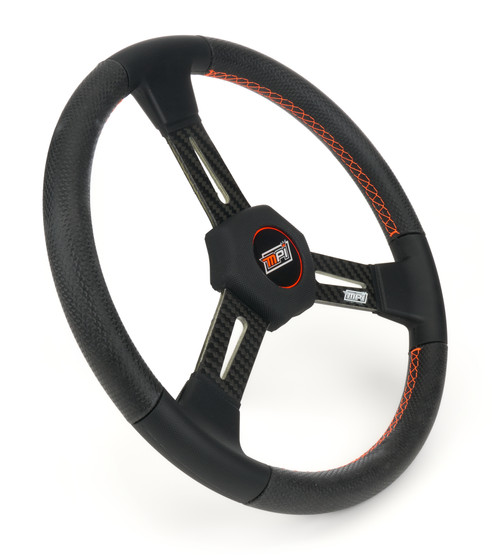 MPI USA MPI-D4-15-C Steering Wheel, Dirt Racing, 15 in. Diameter, Flat, 3-Spoke, X-Large Black Foam Grip, Orange Stripe, Carbon Fiber, Each