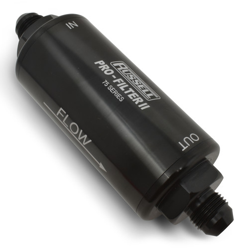 Russell 750610 Fuel Filter, 75 Series Pro-Filter II, In-Line, 100 Micron, 6 AN Male Inlet, 6 AN Male Outlet, Aluminum, Black Anodized, Each