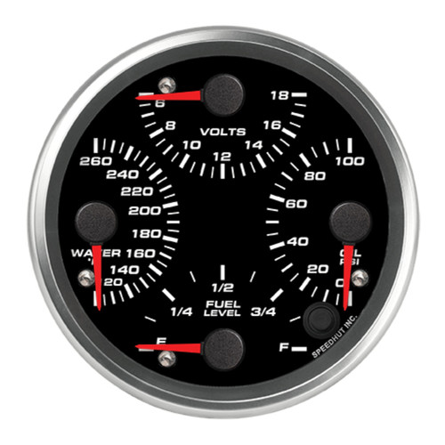 Speedhut Gauges R45-QG2-REV Gauge Kit, Revolution, Analog, 4-1/2 in. Diameter, Fuel Level/Oil Pressure/Water Temperature/Voltmeter, Black Face, Kit