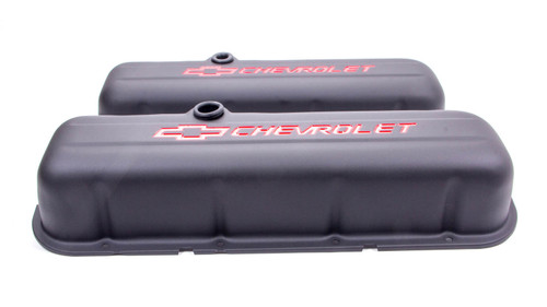 GM Performance 141-811 BBC Steel Black Valve Covers, Tall Red Bowtie / Chevrolet Logo, Pair