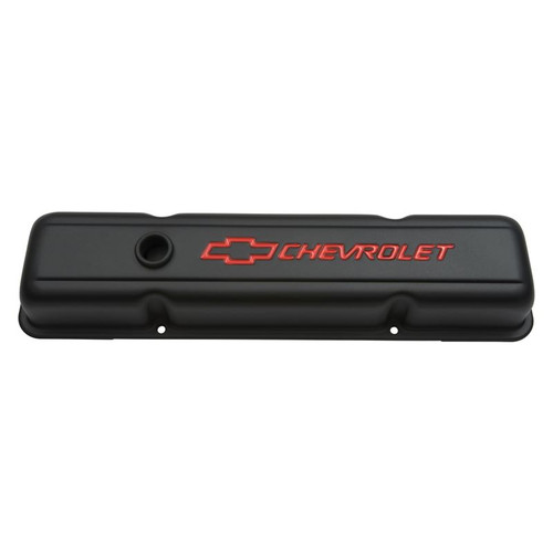 GM Performance 141-750 SBC Steel Black Valve Covers, Stock, Red Bowtie / Chevrolet Logo