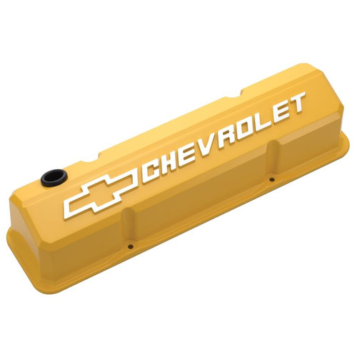 GM Performance 141-934 SBC Slant-Edge Yellow Valve Covers, Tall, Grey Bowtie / Chevrolet Logo