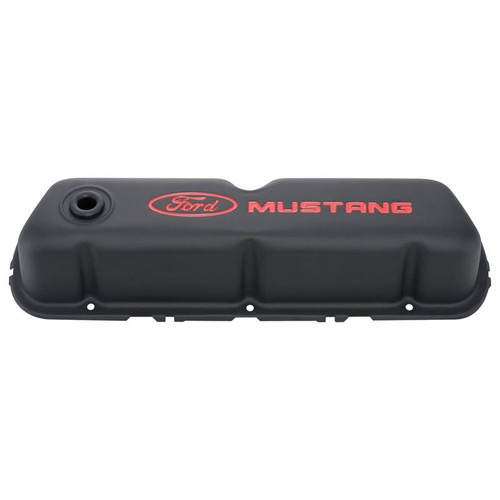 Ford Racing 302-101 SB Ford Steel Black Valve Covers, Tall w/ Red Ford Mustang Logo