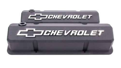 GM Performance 141-921 SBC Slant-Edge Black Wrinkle Valve Covers, Tall, Gray Bowtie / Chevrolet Logo 2