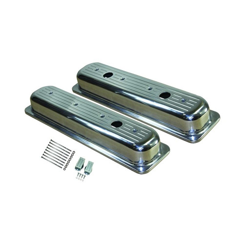 TSP SP8460 Chevy Small Block Center-Bolt Short Ball Milled Polished Aluminum Valve Covers w/ Extra Breather Hole