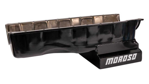Moroso 20413 BB Chevy V/VI, Street/Strip Oil Pan, Rear Sump, 6 Quarts, Steel, Black Powdercoated, Each