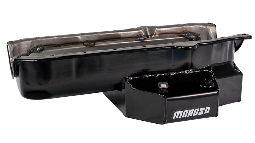 Moroso 21315 SBC Power Kickout Series Oil Pan, Rear Sump, 6 Quarts, Steel, Black Powdercoated, Each