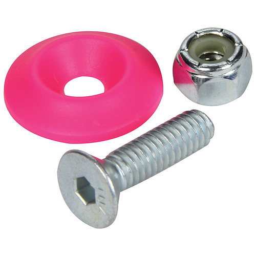 Allstar Performance ALL18686-50 Body Bolt Kit, 1/4-20 in Thread, 1 in Long, Allen Head, Bolts / Countersunk Washers / Lock Nuts Included, Plastic / Steel, Pink / Zinc Oxide, Set of 50