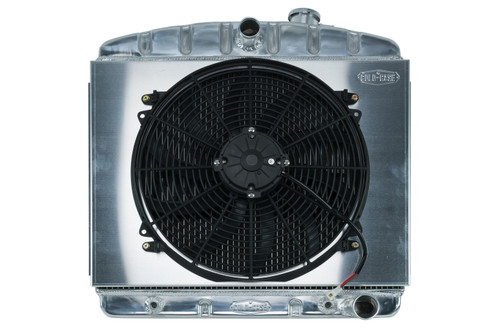 Cold Case Radiators CHT563AK Radiator and Fan, 23.500 in W x 23.500 in H x 3 in D, Center Inlet, Passenger Side Outlet, Aluminum, Polished, Chevy V6, Chevy Fullsize Car 1955-57, Kit