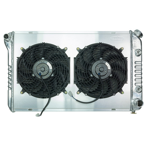 Cold Case Radiators GMB57AK Radiator and Fan, 32 in W x 18.500 in H x 3 in D, Driver Side Inlet, Passenger Side Outlet, Aluminum, Polished, Automatic, GM G-Body 1984-87, Kit