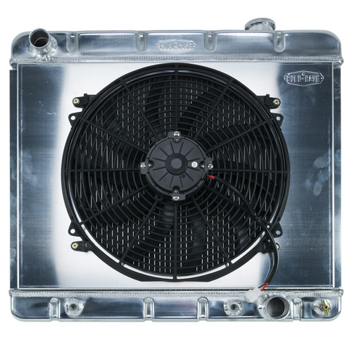 Cold Case Radiators GMT555AK Radiator and Fan, 24.500 in W x 22.500 in H x 3 in D, Driver Side Inlet, Passenger Side Outlet, Aluminum, Polished, Automatic, GM Fullsize Truck 1963-66, Kit