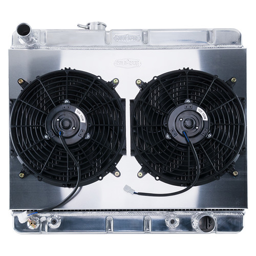 Cold Case Radiators GPG34ASK Radiator and Fan, 25.250 in W x 20.125 in H x 3 in D, Driver Side Inlet, Passenger Side Outlet, Without Air Conditioning, Aluminum, Polished, Automatic, GM A-Body 1966-67, Kit