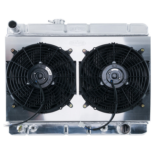 Cold Case Radiators GPG38ASK Radiator and Fan, 25.125 in W x 21.875 in H x 3 in D, Driver Side Inlet, Passenger Side Outlet, With Air Conditioning, Aluminum, Polished, Automatic, GM A-Body 1966-67, Kit