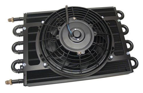 Derale 12733 Fluid Cooler and Fan, 17.750 x 10.250 x 3.750 in, Tube Type, 6 AN Male Inlet / Outlet, Aluminum / Copper, Black Powder Coat, Universal, Each