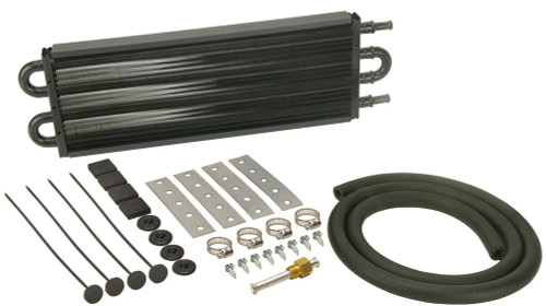 Derale 13102 Fluid Cooler, 16.625 x 5.125 x 0.750 in, Tube Type, 11/32 in Hose Barb Inlet / Outlet, Fitting / Hardware / Hose, Aluminum / Copper, Black Powder Coat, Automatic Transmission, Kit