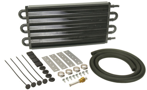 Derale 13103 Fluid Cooler, 16.625 x 7.625 x 0.750 in, Tube Type, 11/32 in Hose Barb Inlet / Outlet, Fitting / Hardware / Hose, Aluminum / Copper, Black Powder Coat, Automatic Transmission, Kit