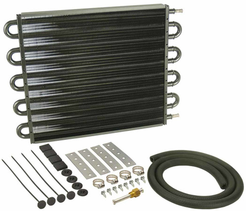 Derale 13105 Fluid Cooler, 16.625 x 12.625 x 0.750 in, Tube Type, 11/32 in Hose Barb Inlet / Outlet, Fitting / Hardware / Hose, Aluminum / Copper, Black Powder Coat, Automatic Transmission, Kit