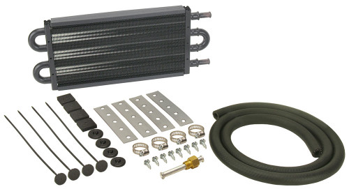 Derale 13201 Fluid Cooler, 12.750 x 5.125 x 0.750 in, Tube Type, 11/32 in Hose Barb Inlet / Outlet, Fitting / Hardware / Hose, Aluminum / Copper, Black Powder Coat, Automatic Transmission, Kit