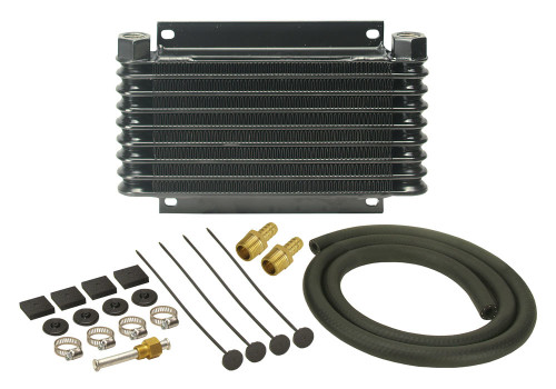 Derale 13612 Fluid Cooler, 9000 Series, 10.125 x 4.375 x 1.250 in, Plate and Fin Type, 1/2 in NPT Female Inlet / Outlet, 3/8 in Hose Barb Adapters, Fitting / Hardware / Hose, Aluminum, Black Powder Coat, Automatic Transmission, Kit