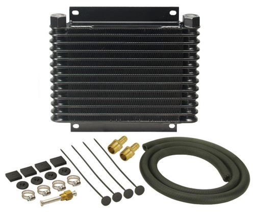 Derale 13613 Fluid Cooler, 9000 Series, 10.125 x 8.875 x 1.250 in, Plate and Fin Type, 1/2 in NPT Female Inlet / Outlet, 3/8 in Hose Barb Adapters, Fitting / Hardware / Hose, Aluminum, Black Powder Coat, Automatic Transmission, Kit